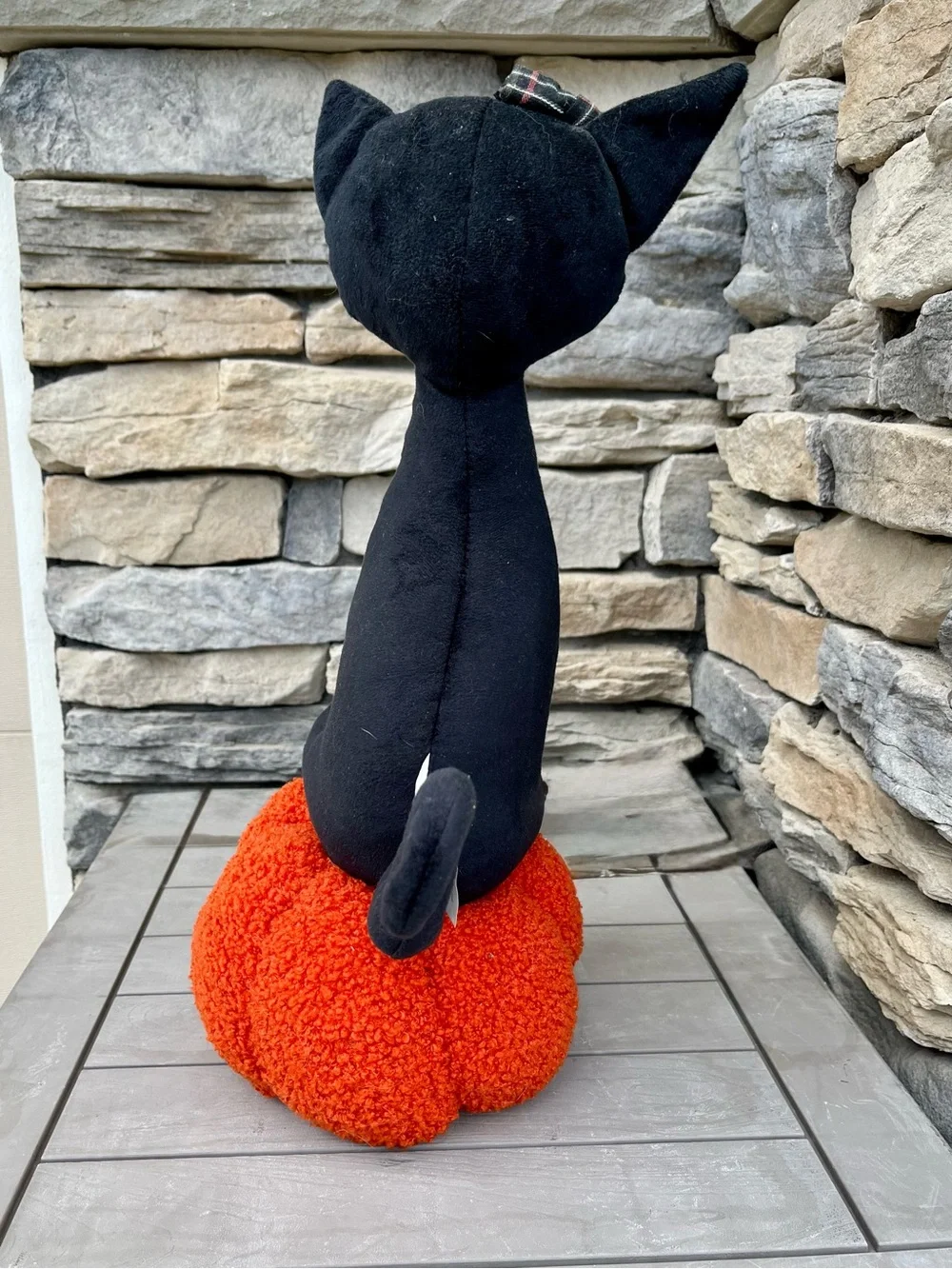 Black Cat on Orange Pumpkin Jack-o’-lantern Plush Halloween Display 17in